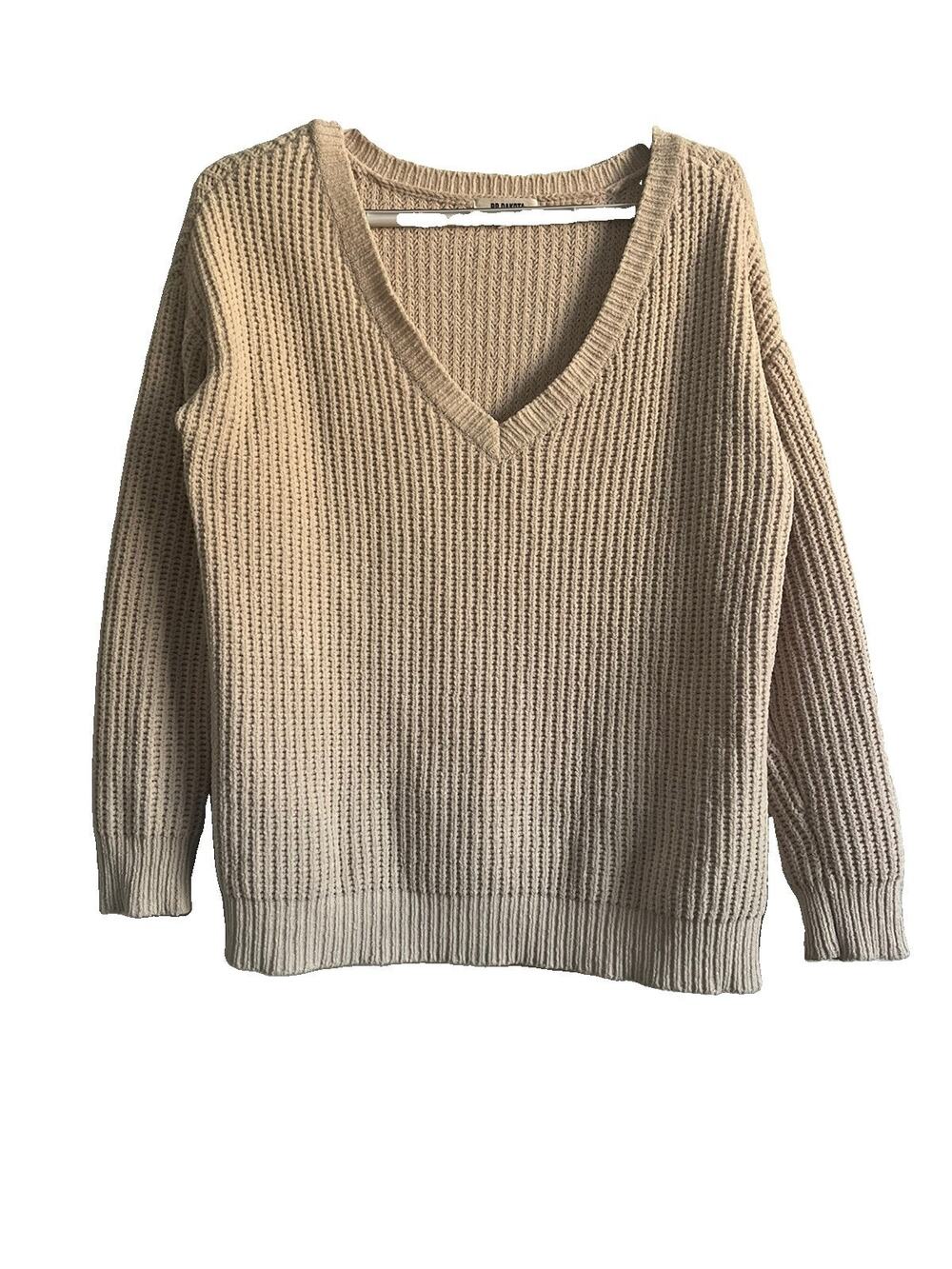 BB Dakota Cool Runnings Sweater XS Beige Chenille V Neck Chunky Knit Pullover